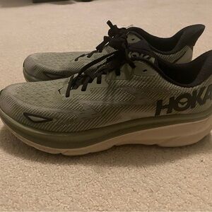 Hoka Clifton 9 Olive Tan and Black Athletic Shoes
